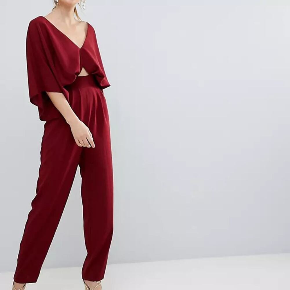 ASOS DESIGN Tall Jumpsuit with Kimono Sleeve and Peg Leg in Wine Red 4 NEW